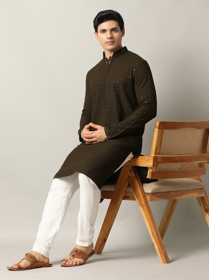 Olive Green Embroidered Kurta For Men