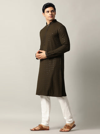 Olive Green Embroidered Kurta For Men