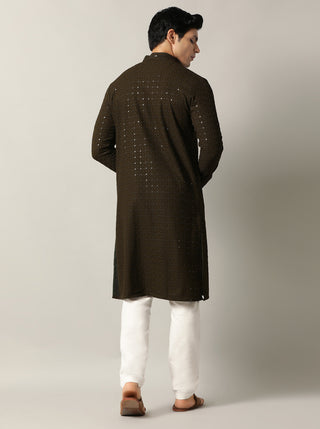 Olive Green Embroidered Kurta For Men