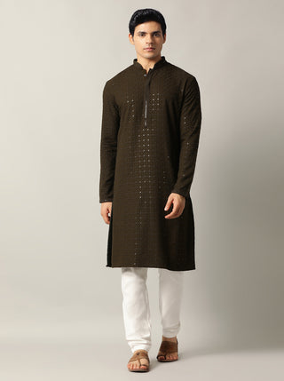 Olive Green Embroidered Kurta For Men