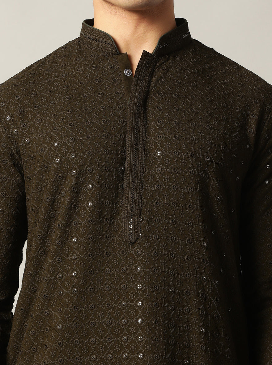 Olive Green Embroidered Kurta For Men