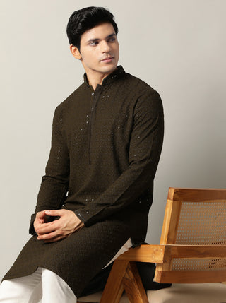 Olive Green Embroidered Kurta For Men