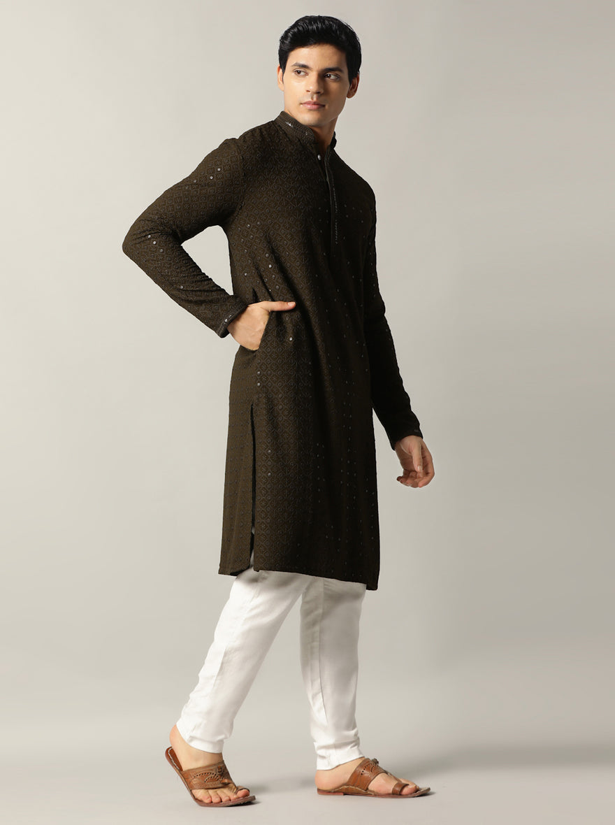 Olive Green Embroidered Kurta For Men