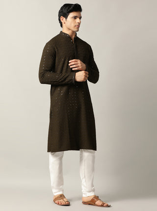 Olive Green Embroidered Kurta For Men