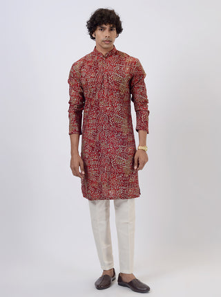 Red Printed Kurta For Men