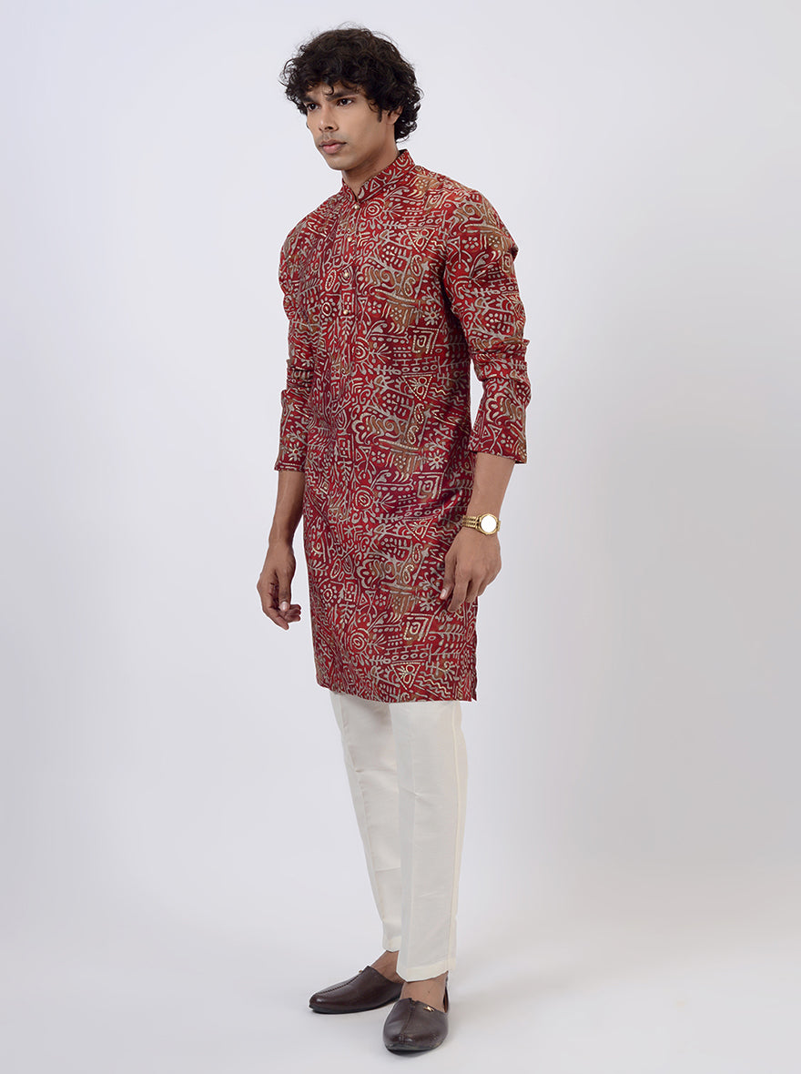 Red Printed Kurta For Men