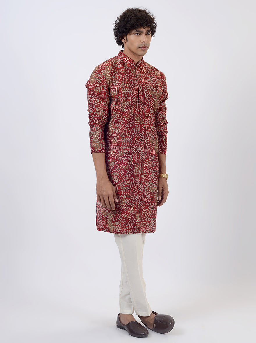 Red Printed Kurta For Men