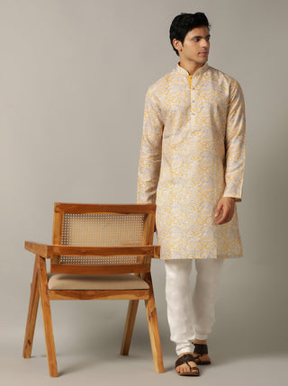 Grey & Mustard Printed Kurta For Men