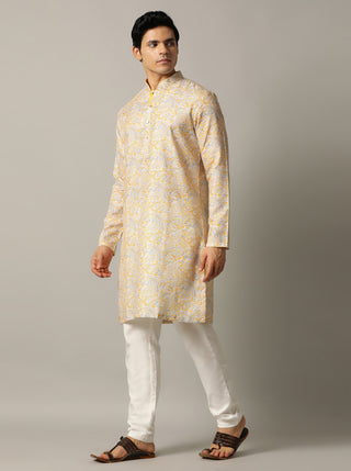 Grey & Mustard Printed Kurta For Men