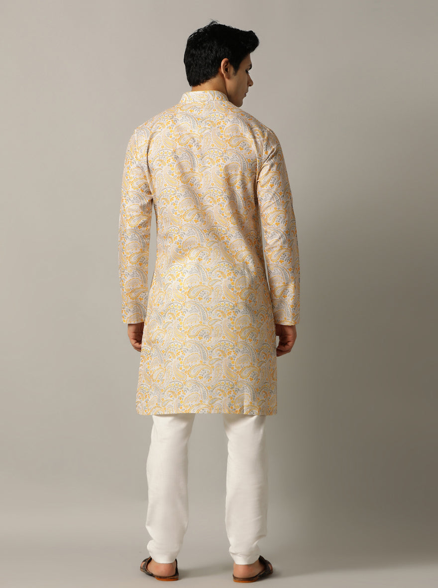 Grey & Mustard Printed Kurta For Men