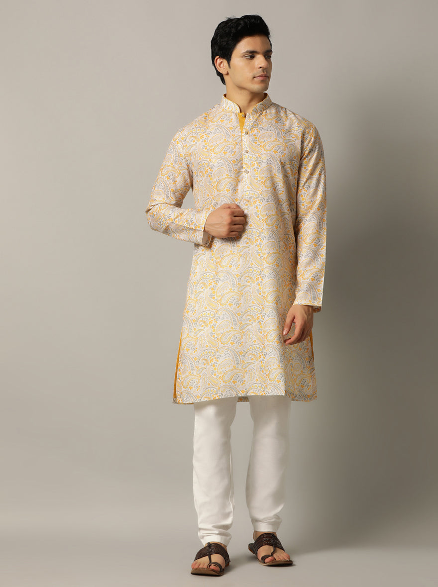 Grey & Mustard Printed Kurta For Men