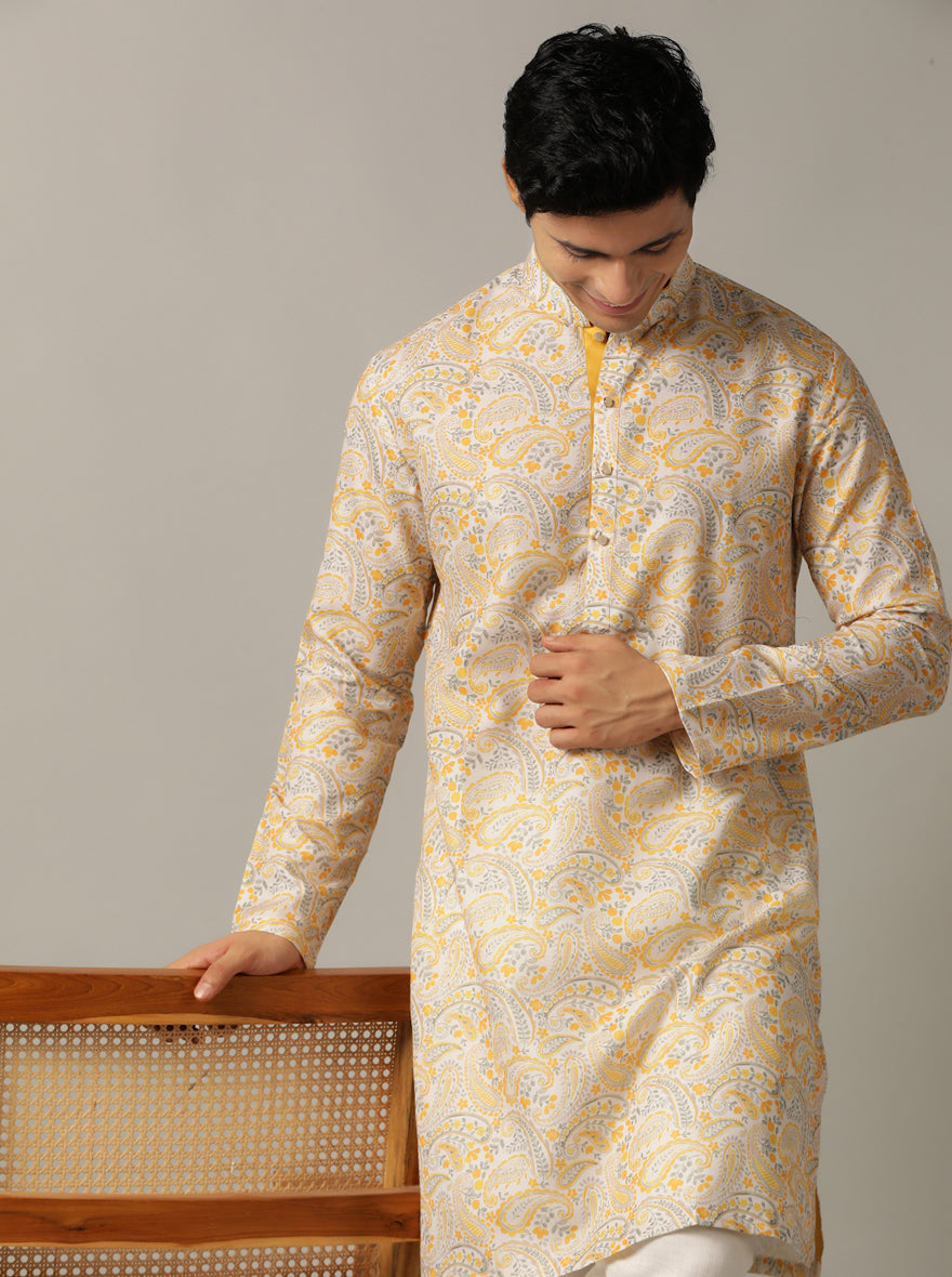 Grey & Mustard Printed Kurta For Men