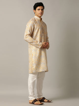 Grey & Mustard Printed Kurta For Men