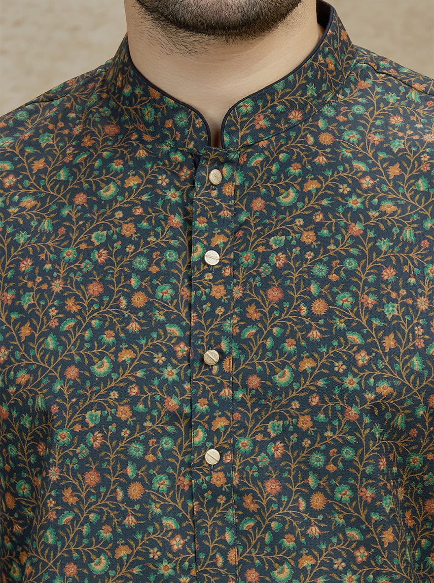 Olive Printed Kurta For Men
