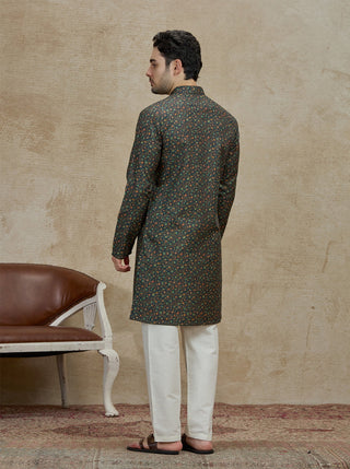 Olive Printed Kurta For Men