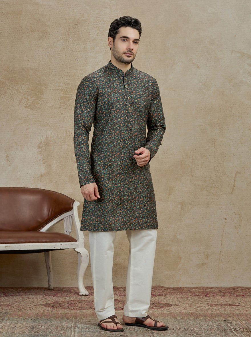 Olive Printed Kurta For Men