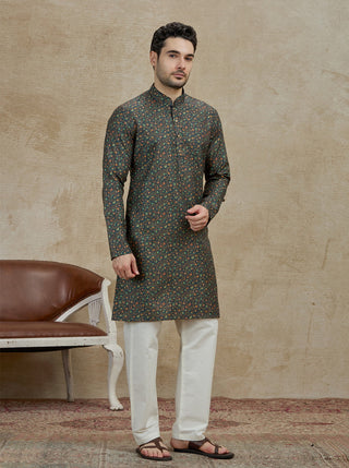 Olive Printed Kurta For Men