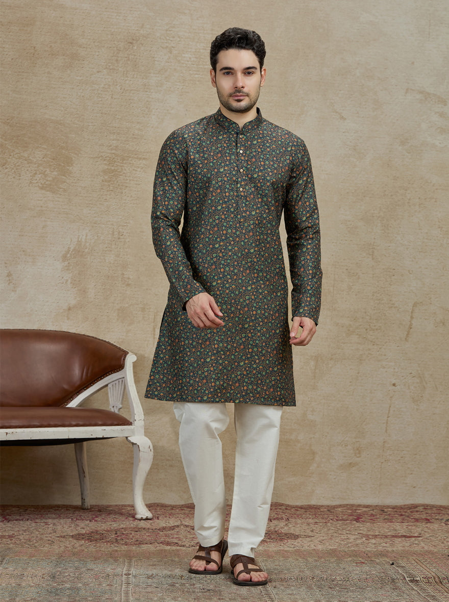 Olive Printed Kurta For Men