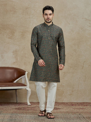 Olive Printed Kurta For Men