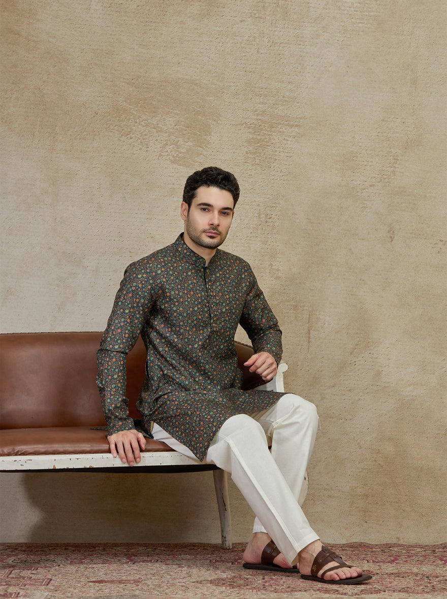 Olive Printed Kurta For Men