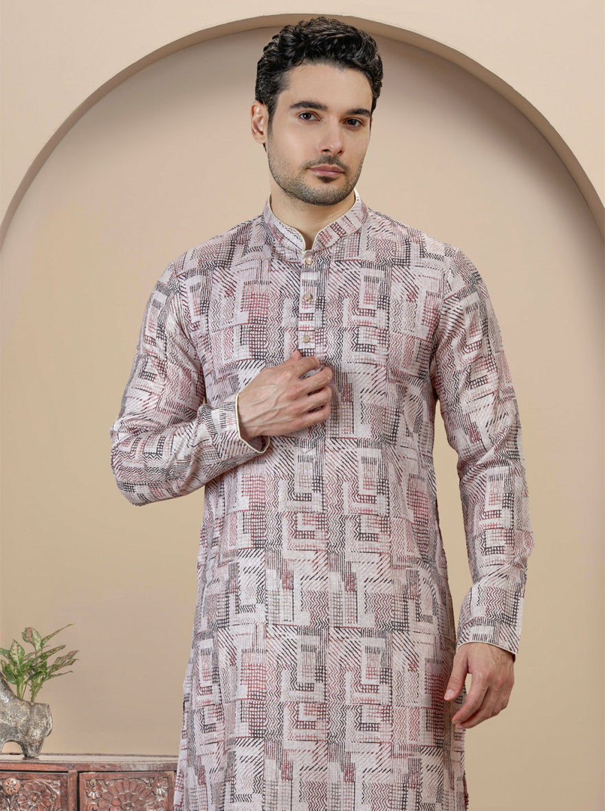 Beige & Brown Printed Kurta For Men
