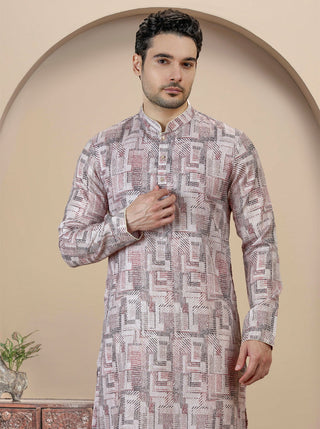 Beige & Brown Printed Kurta For Men