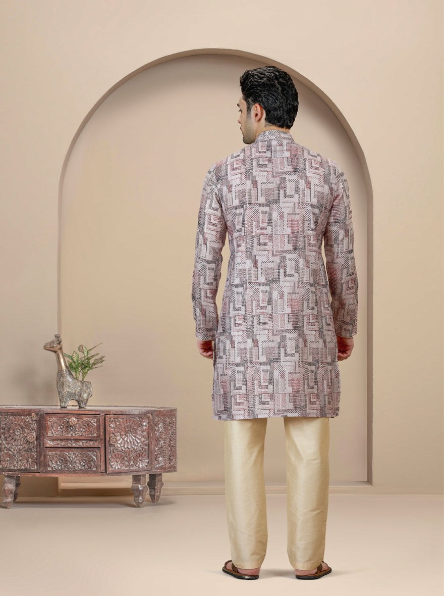 Beige & Brown Printed Kurta For Men