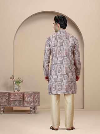 Beige & Brown Printed Kurta For Men