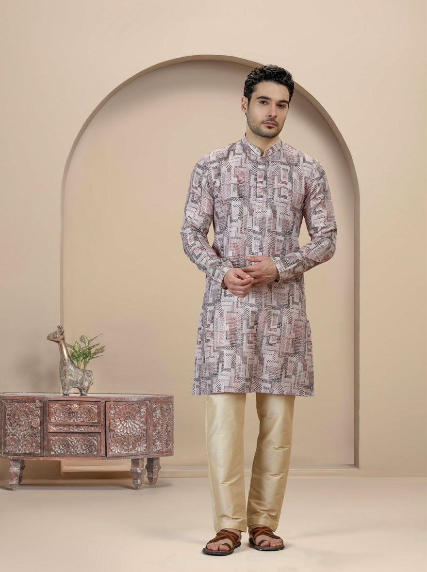 Beige & Brown Printed Kurta For Men