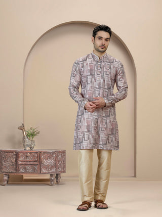 Beige & Brown Printed Kurta For Men