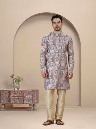 Beige & Brown Printed Kurta For Men
