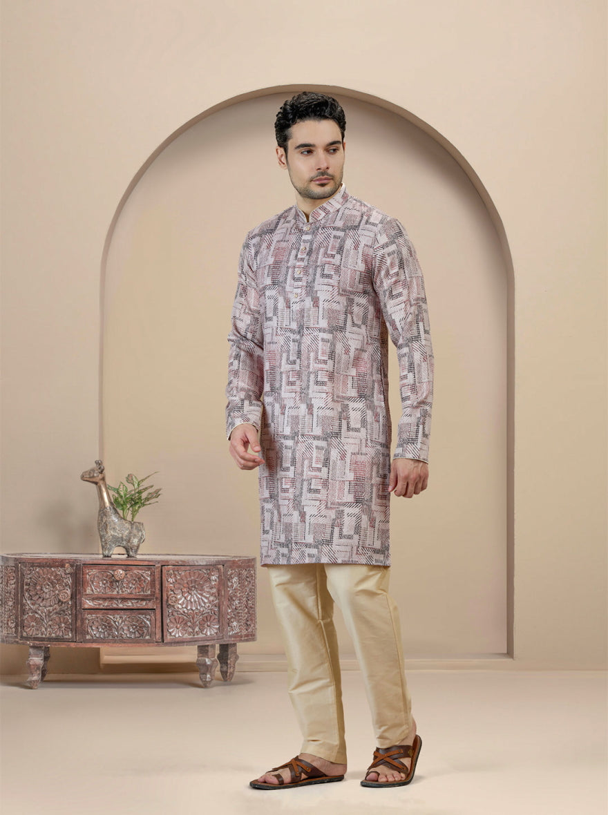 Beige & Brown Printed Kurta For Men