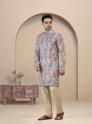 Beige & Brown Printed Kurta For Men