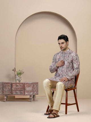 Beige & Brown Printed Kurta For Men