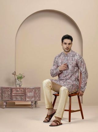 Beige & Brown Printed Kurta For Men