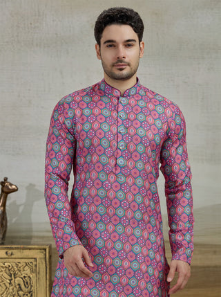 Pink & Green Printed Kurta For Men
