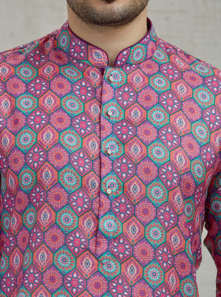 Pink & Green Printed Kurta For Men