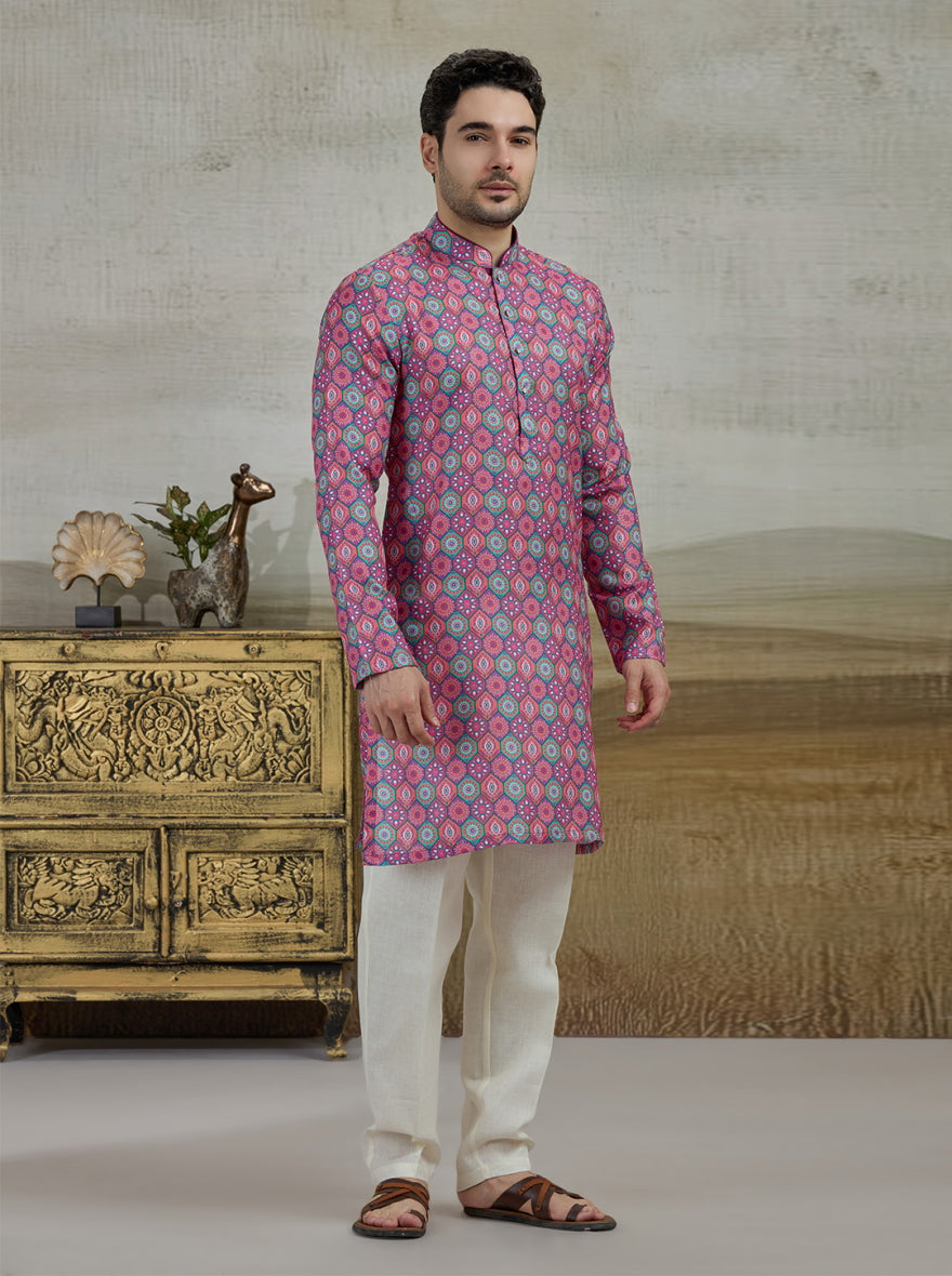 Pink & Green Printed Kurta For Men