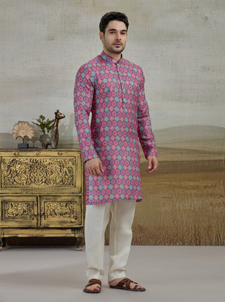 Pink & Green Printed Kurta For Men