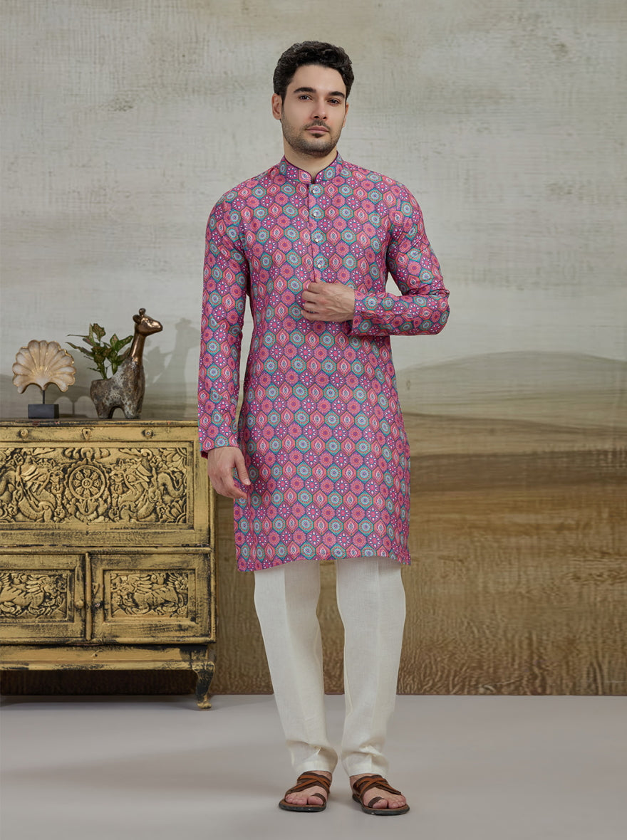 Pink & Green Printed Kurta For Men