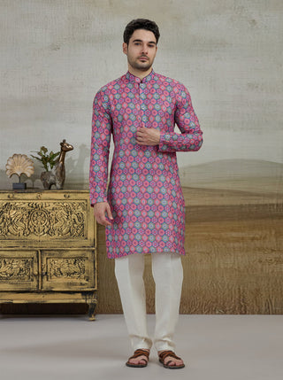 Pink & Green Printed Kurta For Men