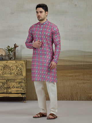 Pink & Green Printed Kurta For Men
