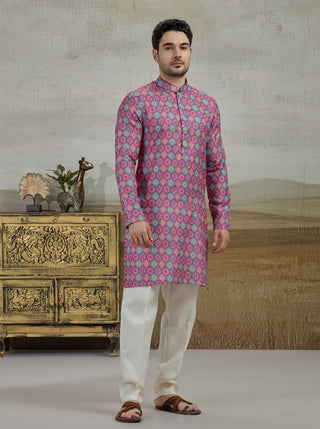 Pink & Green Printed Kurta For Men