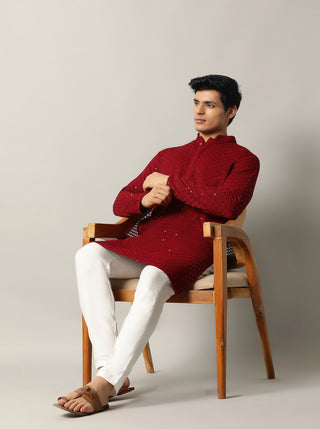 Maroon Embroidered Kurta For Men