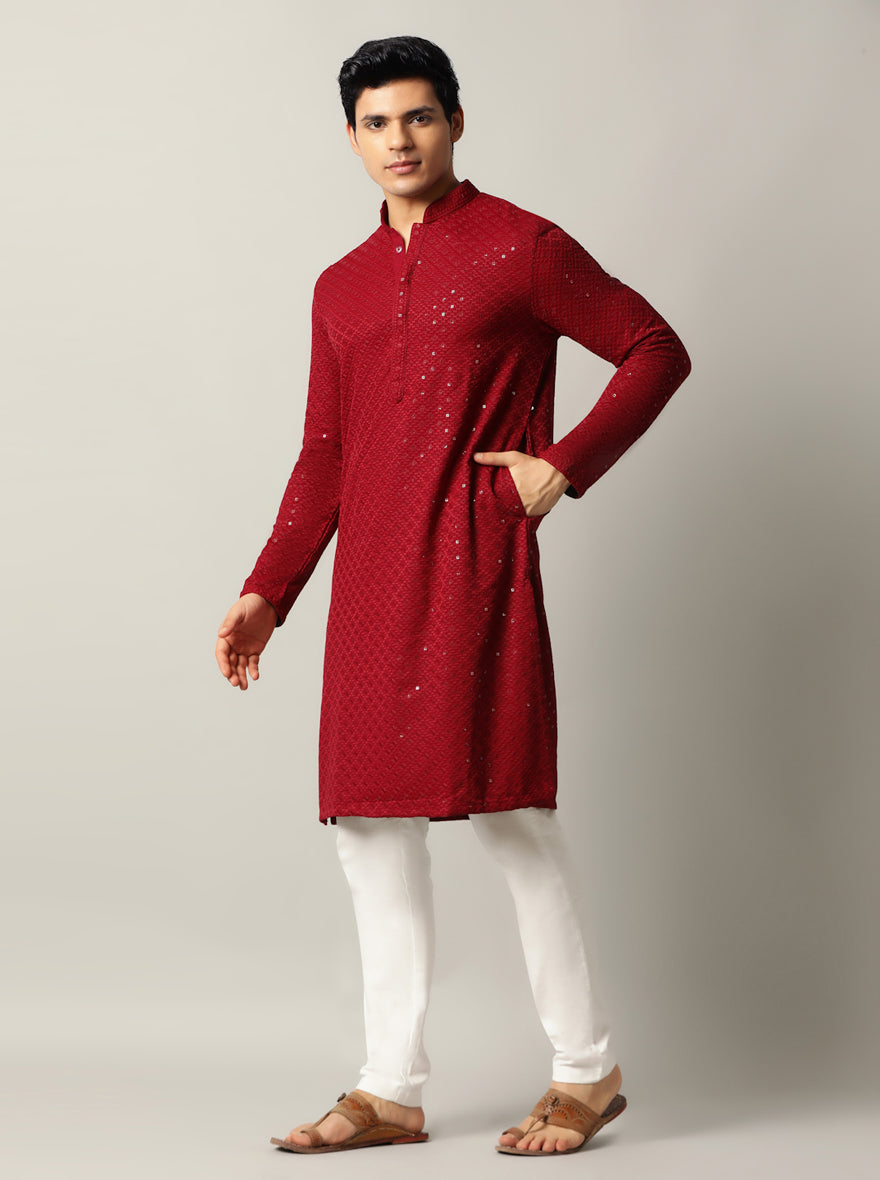 Maroon Embroidered Kurta For Men