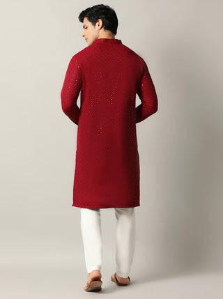 Maroon Embroidered Kurta For Men