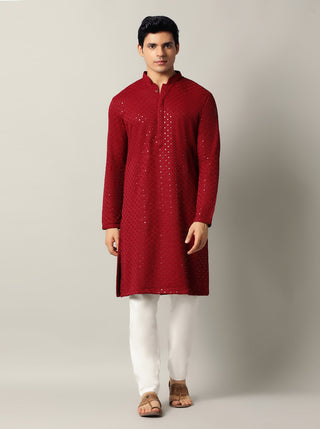 Maroon Embroidered Kurta For Men