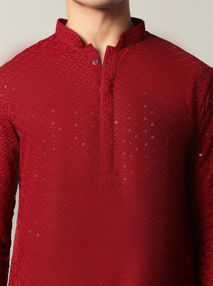 Maroon Embroidered Kurta For Men