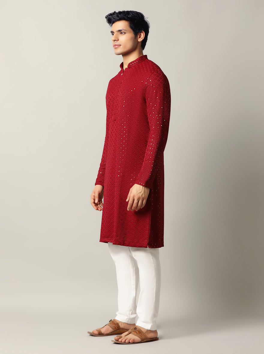 Maroon Embroidered Kurta For Men