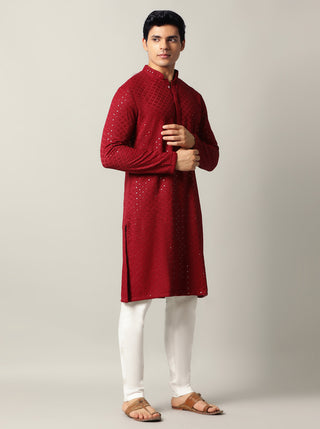 Maroon Embroidered Kurta For Men